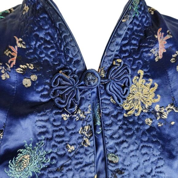 Vintage Peony Traditional Chinese Jacket Frog Buttons Womens Size M Blue Quilted - Picture 3 of 9
